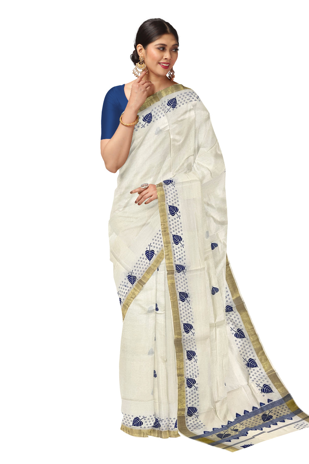 Kerala Cotton Saree with Blue Block Prints on Kasavu Border