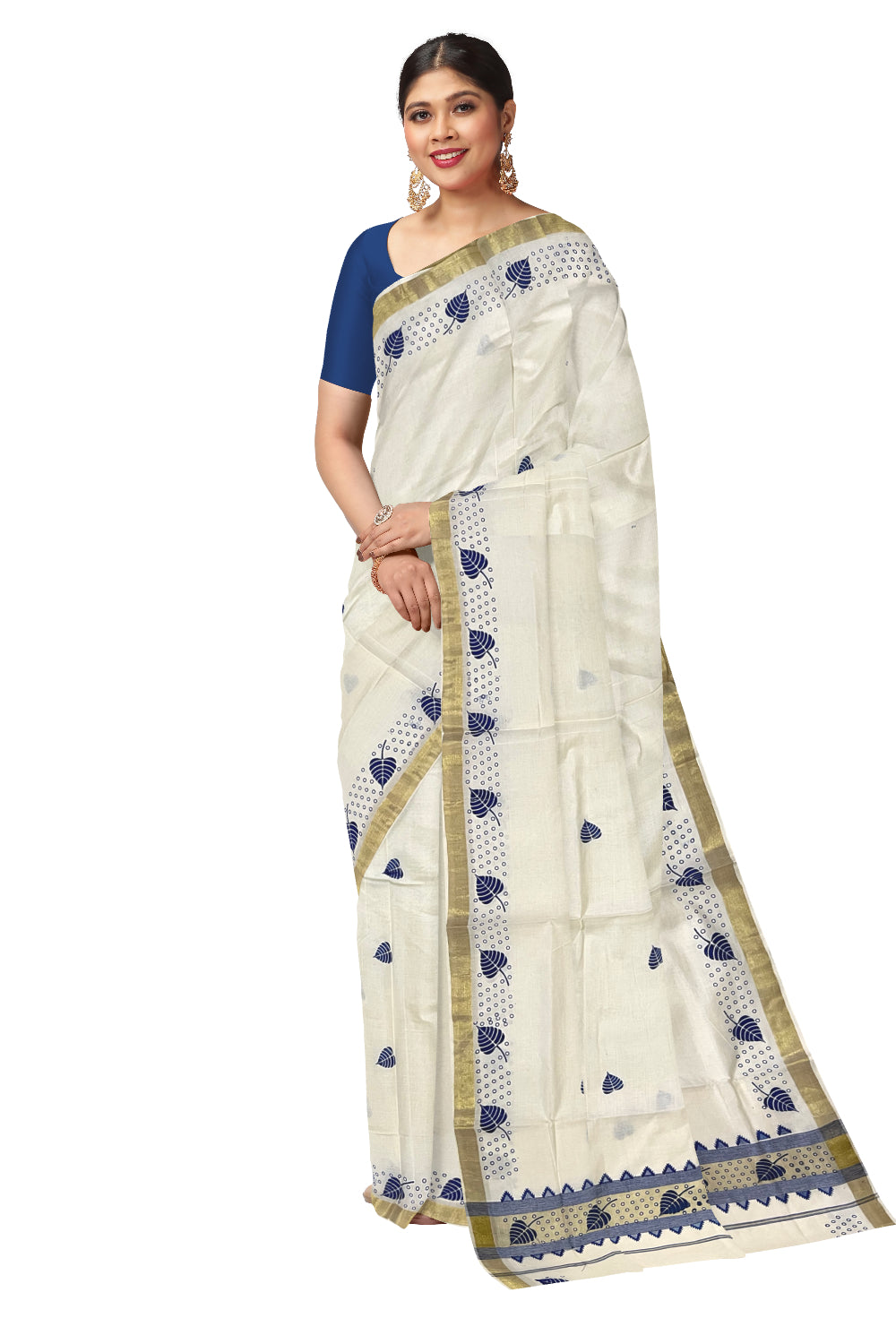 Kerala Cotton Saree with Blue Block Prints on Kasavu Border