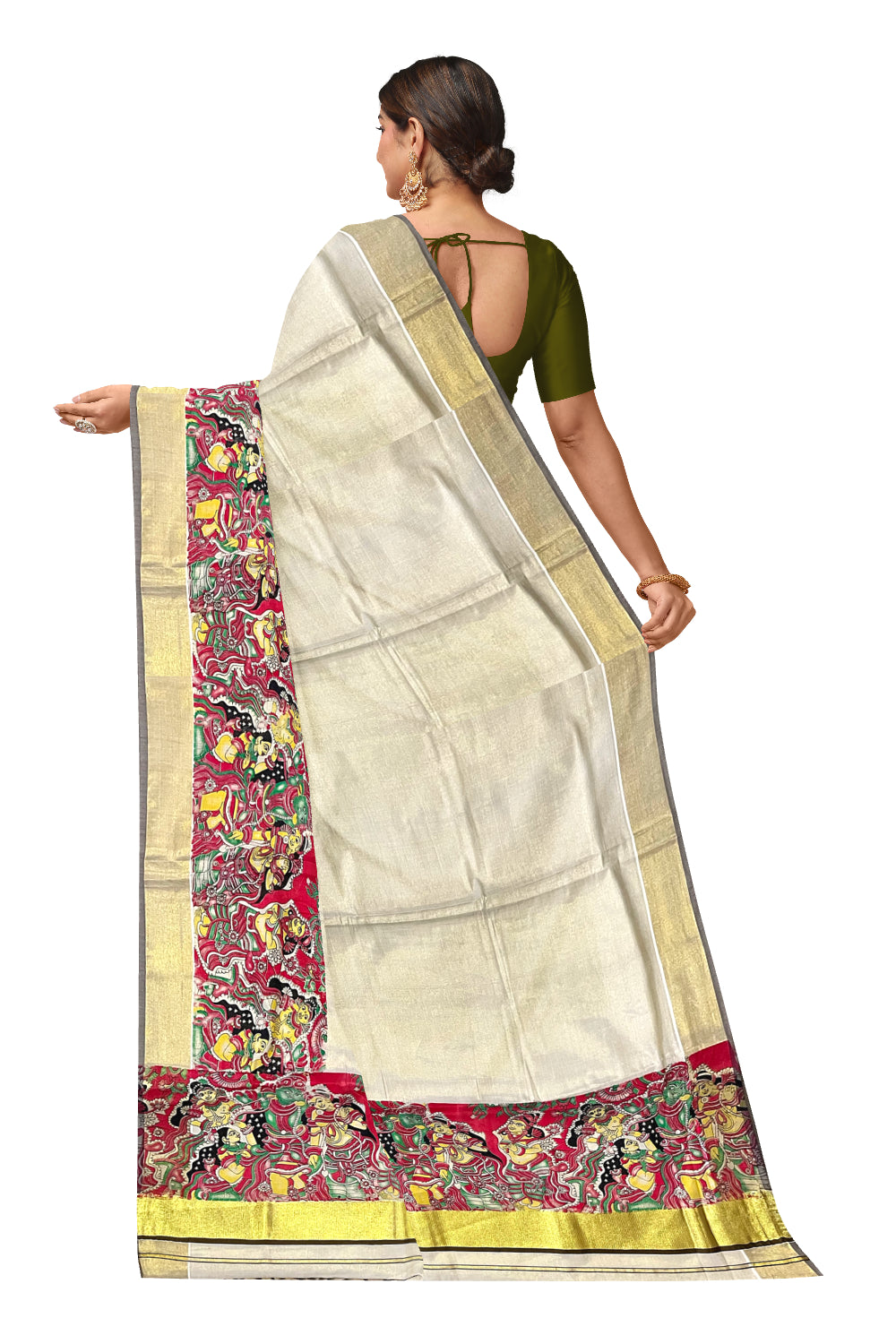 Kerala Tissue Kasavu Saree with Mural Art Printed Design and Olive Brown Border