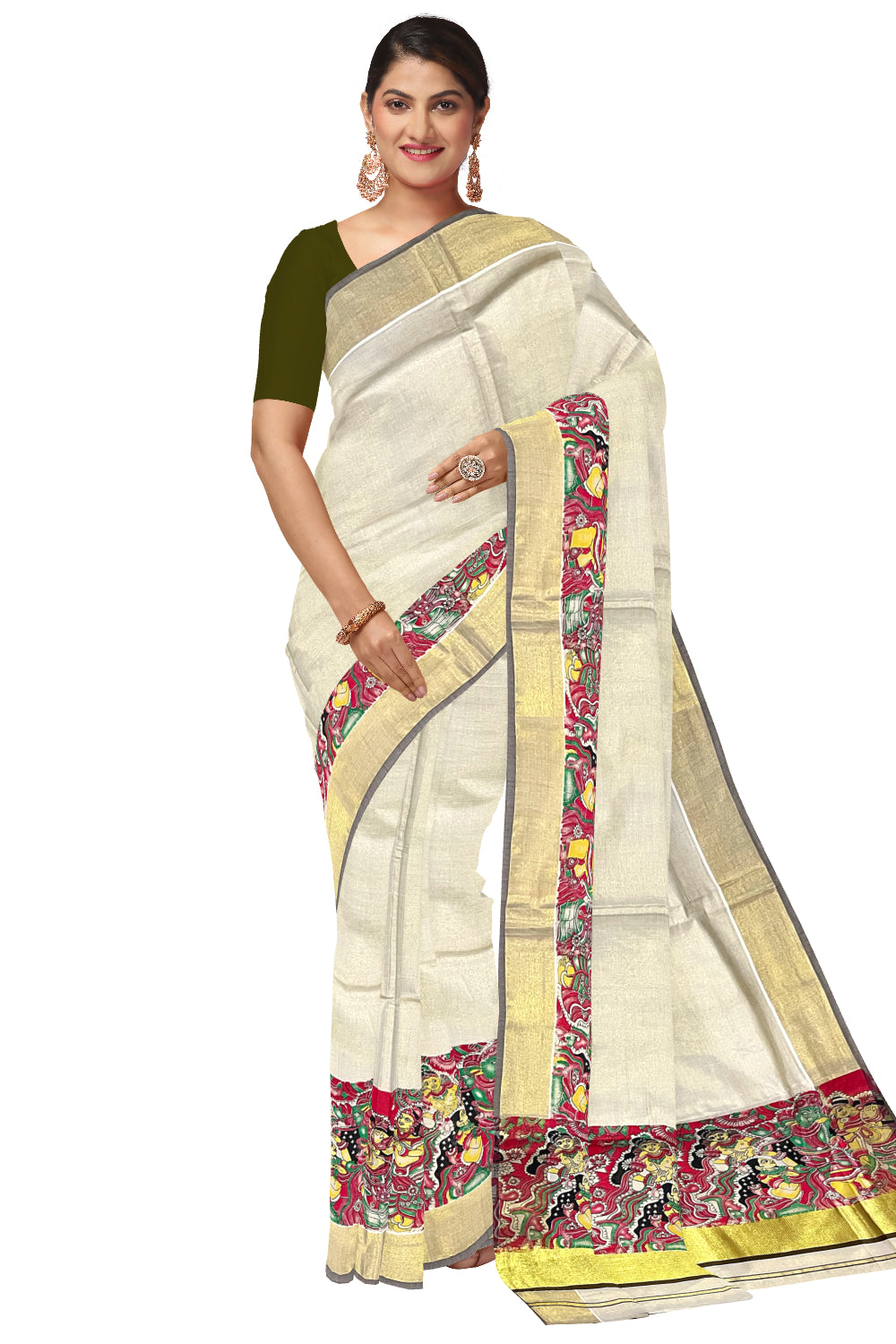 Kerala Tissue Kasavu Saree with Mural Art Printed Design and Olive Brown Border