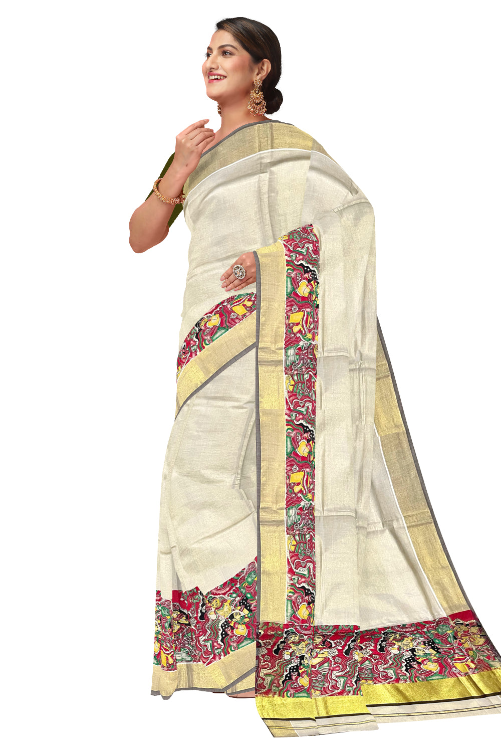 Kerala Tissue Kasavu Saree with Mural Art Printed Design and Olive Brown Border