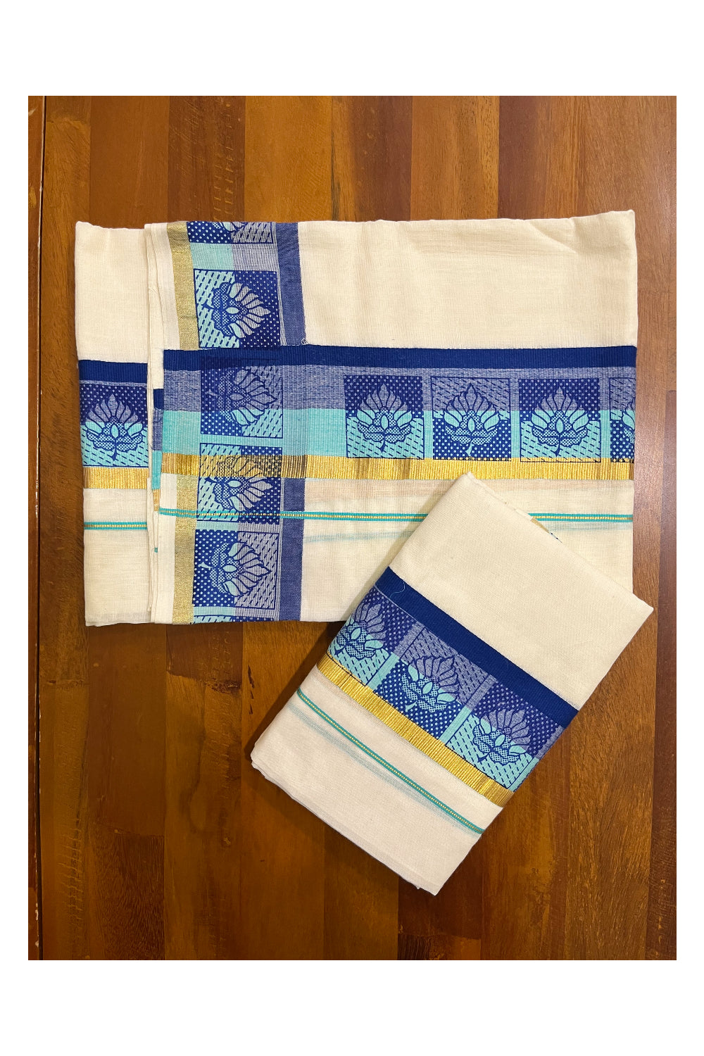 Kerala Cotton Kasavu Single Set Mundu (Mundum Neriyathum) with Blue an