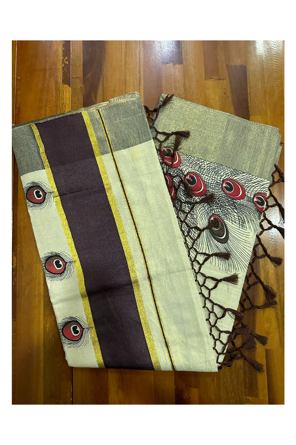 Kerala Tissue Kasavu Saree with Feather Block Prints and Brown Border (Onam Saree 2023)