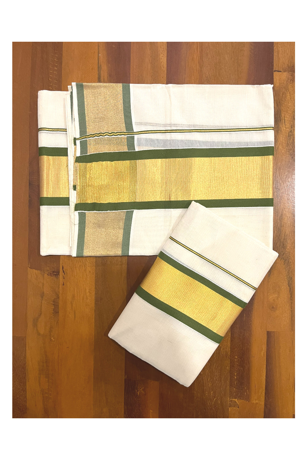 Pure Cotton Kerala Onam 2023 Set Mundu (Mundum Neriyathum) Single with Green and Kasavu Border 2.80 Mtrs