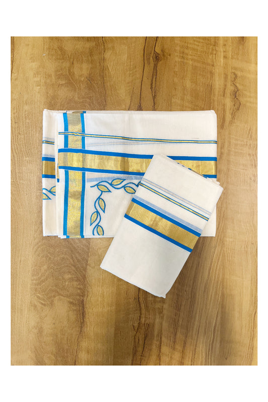 Kerala Cotton Single Mundum Neriyathum (Set Mundu) with Blue Golden Floral Embroidery Designs in Blue and Kasavu Border