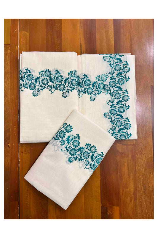 Kerala Cotton Mundum Neriyathum Single (Set Mundu) with Green Floral Block Prints in Border 2.80 Mtrs