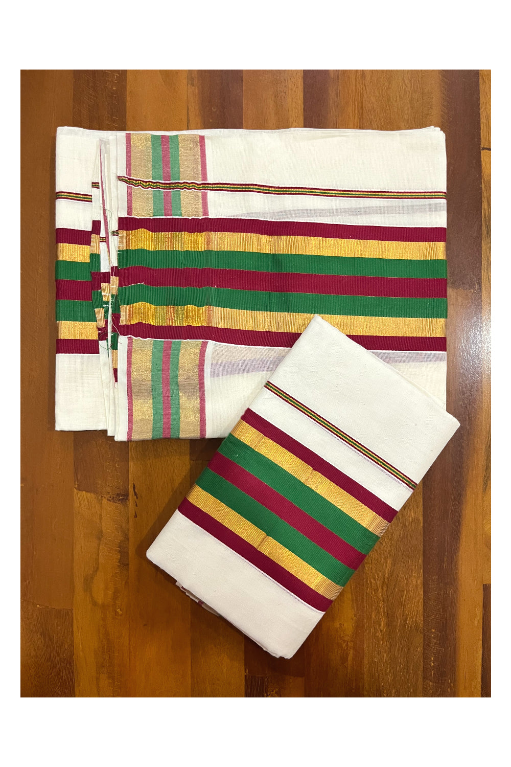 Kerala Cotton Mundum Neriyathum Single (Set Mundu) with Green Maroon and Kasavu Border