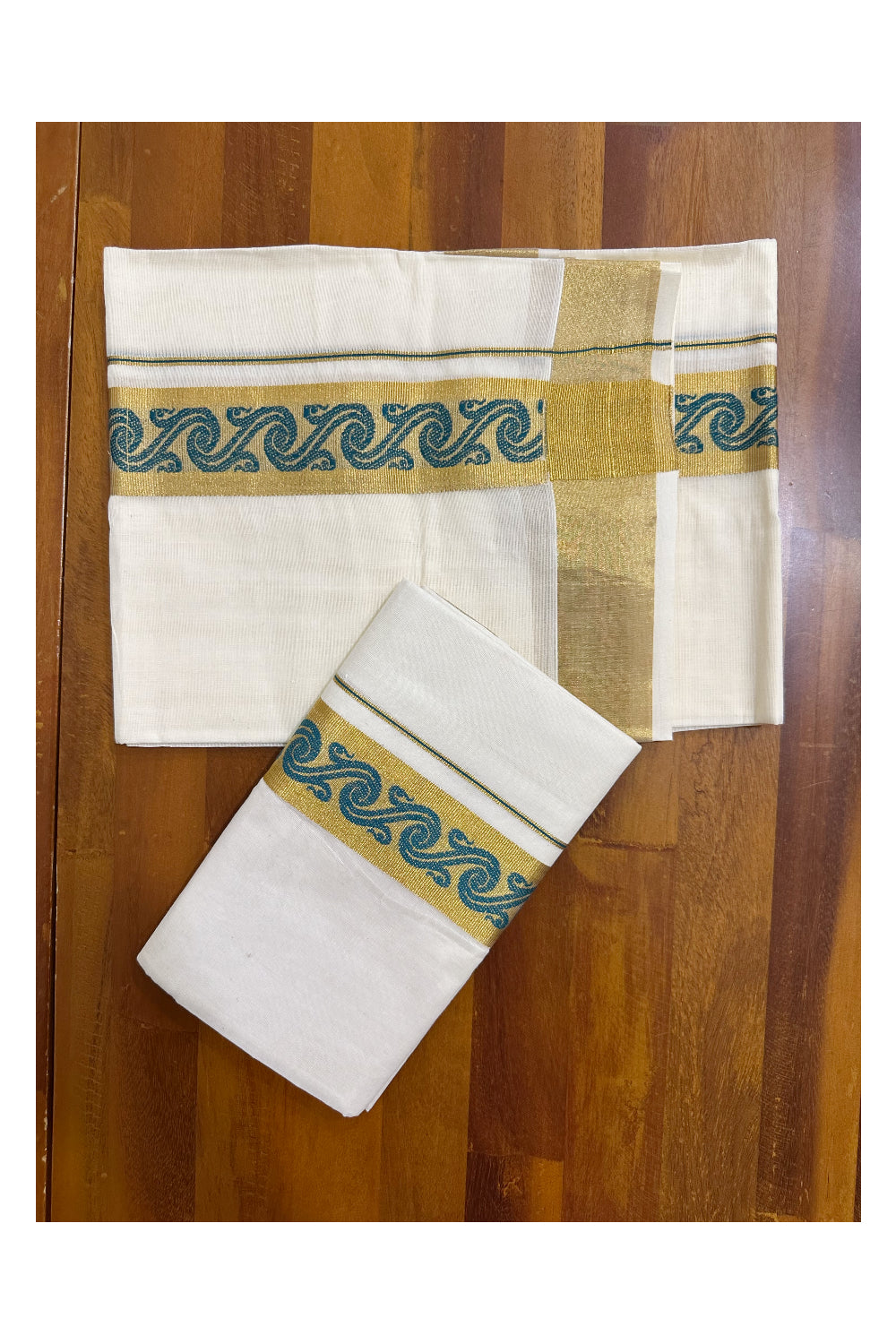 Kerala Pure Cotton Single Set Mundu (Mundum Neriyathum) with Green Block Prints on Kasavu Border-2.80Mtrs