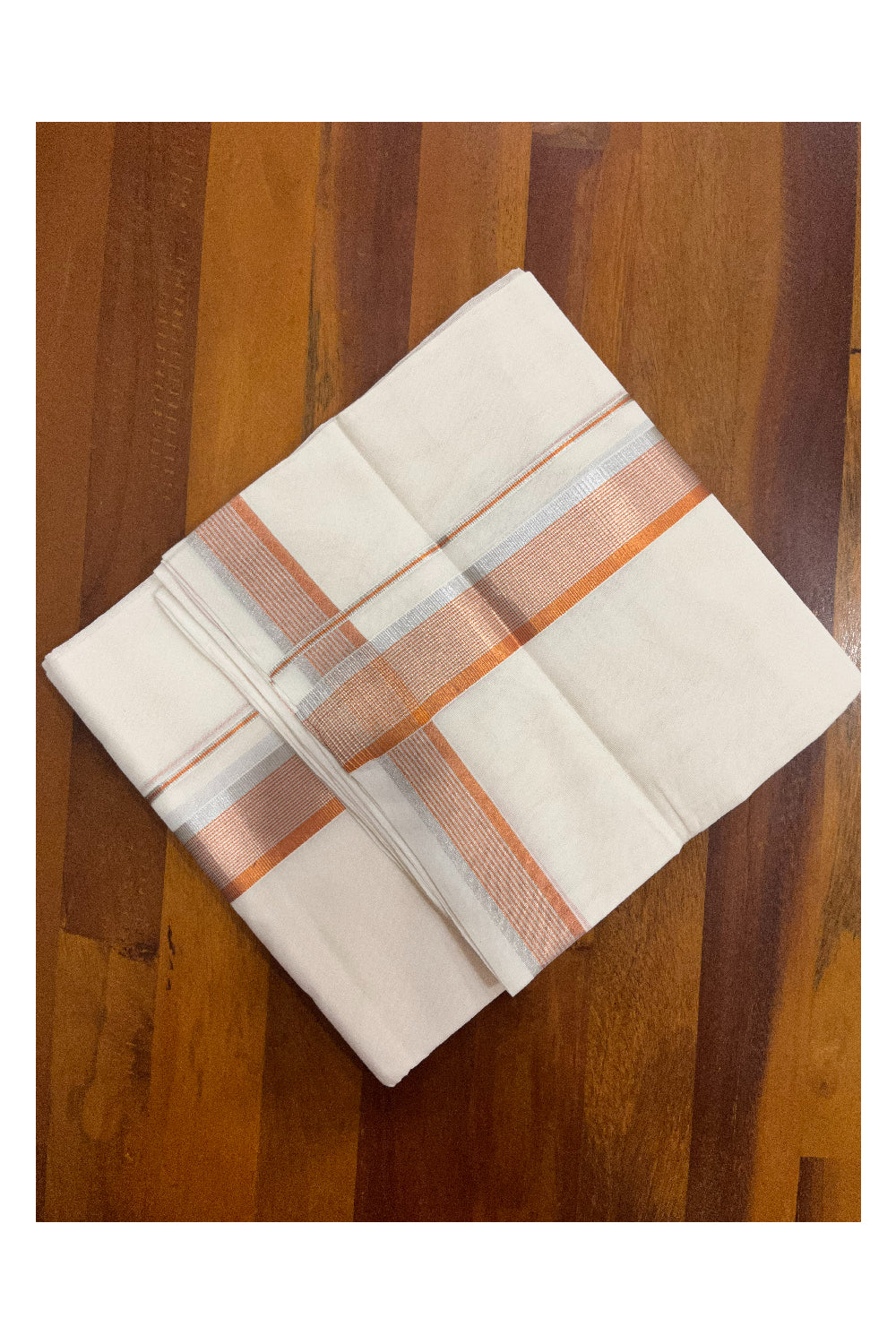 Southloom Premium Handloom Pure Cotton Mundu with Silver and Orange Kasavu Border (Onam Mundu 2023)