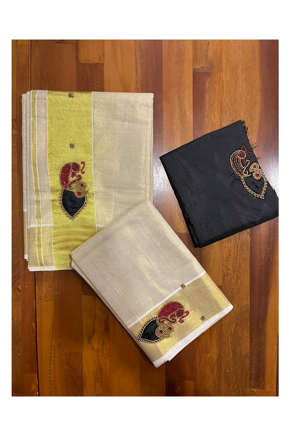 Kerala Tissue Kasavu Set Mundu (Mundum Neriyathum) with Bead Handwork Design and Black Blouse Piece