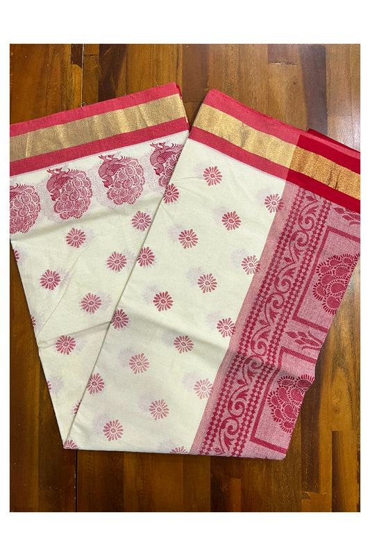 Pure Cotton Kerala Saree with Red Block Print Designs and Kasavu Border (Vishu 2024 Collection)