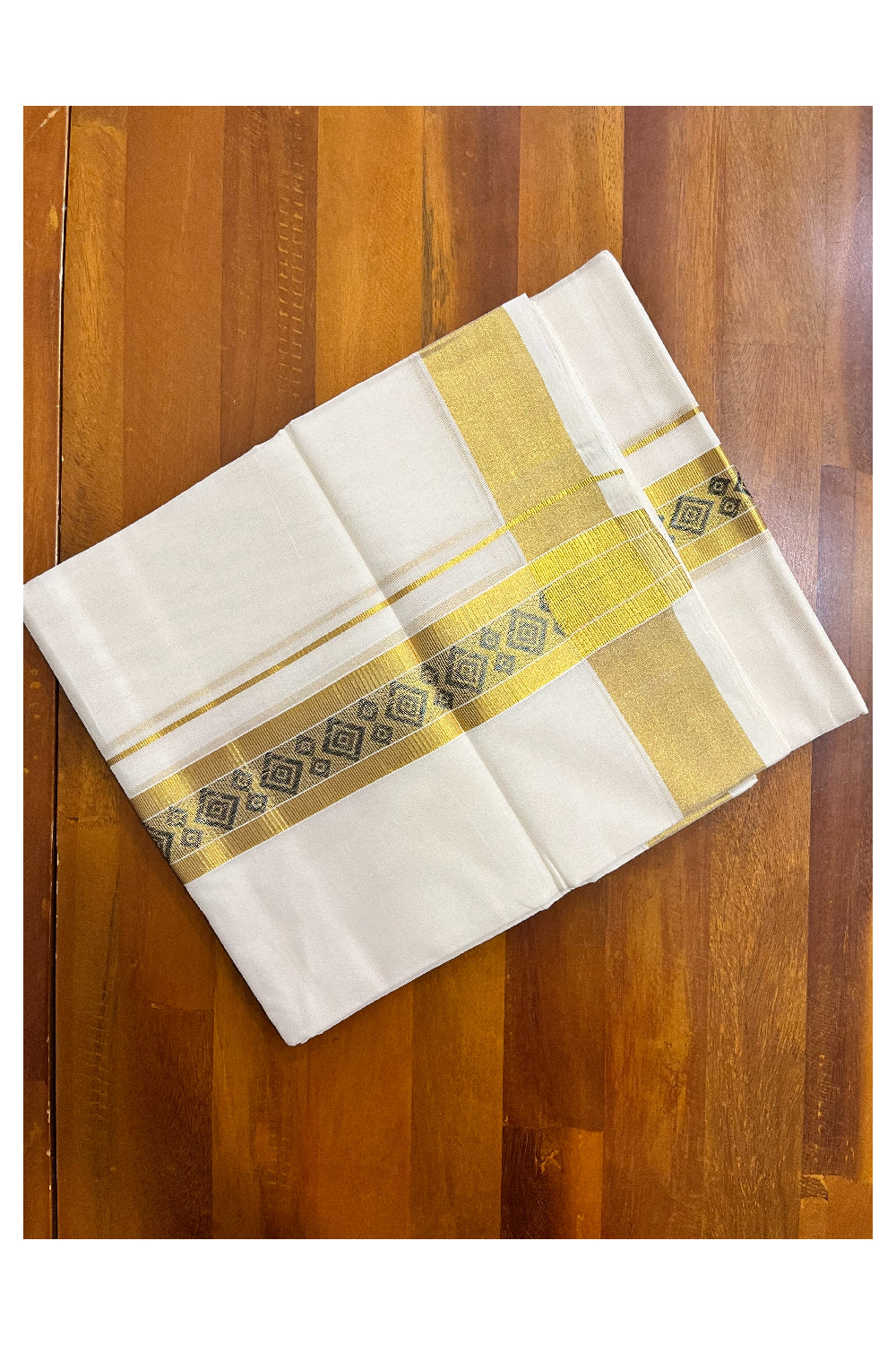 Southloom Premium Handloom Pure Cotton Mundu with Golden and Blue Kasavu Woven Border (Onam 2024 Collection)