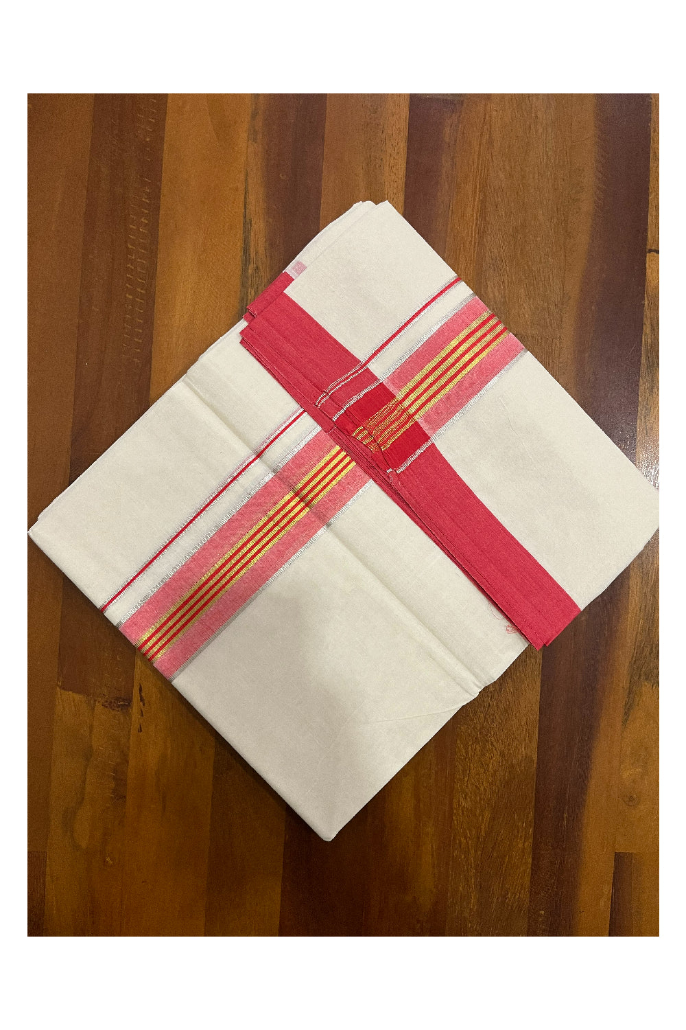 Pure Cotton 100x100 Double Mundu with Silver Golden Kasavu and Red Kara (Onam Mundu 2023)