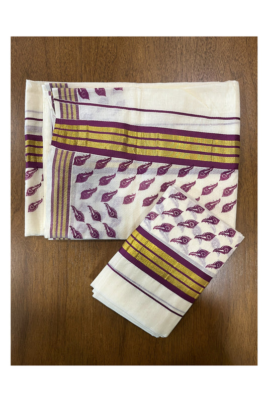 Cotton Single Set Mundu (Mundu Neriyathum) with Violet Feather Block Prints and Kasavu Border