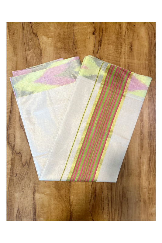 Southloom Kerala Tissue Kasavu Saree with Green and Pink Pochampally Design on Borders and Kara
