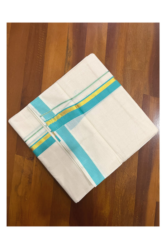 Pure Cotton Kerala Double Mundu with Kasavu and Turquoise Kara (South Indian Kerala Dhoti)