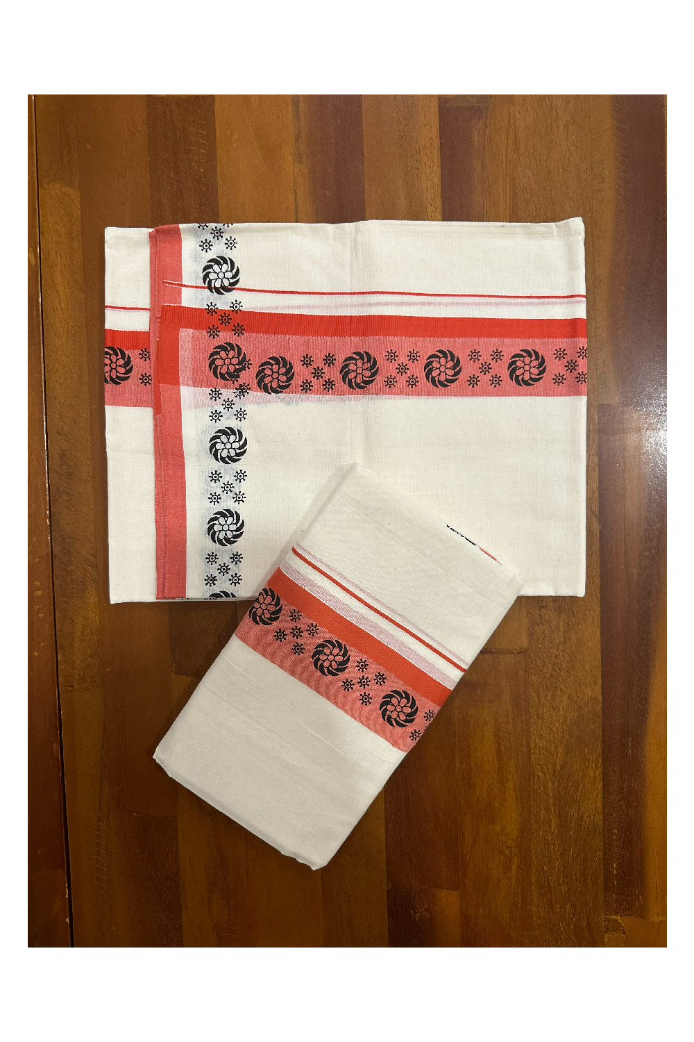 Kerala Cotton Set Mundu (Mundum Neriyathum) with Block Prints on Dark Orange Border (Onam Set Mundu 2023)