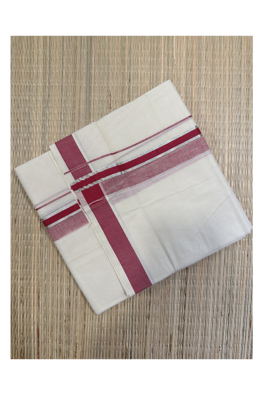 Off White Kerala Double Mundu with Silver Kasavu and Maroon Kara (South Indian Kerala Dhoti)