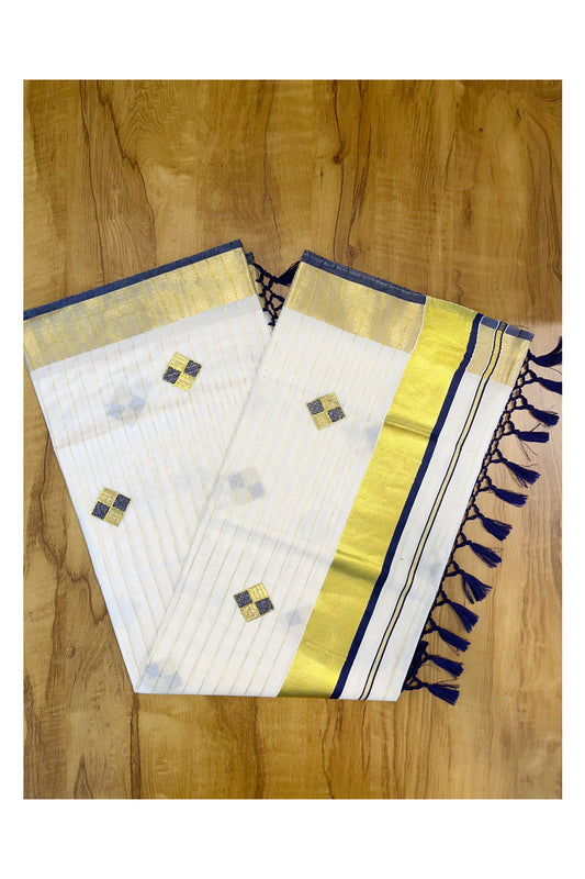 Kerala Cotton Kasavu Lines Saree with Blue and Golden Diagonal Embroidery Work