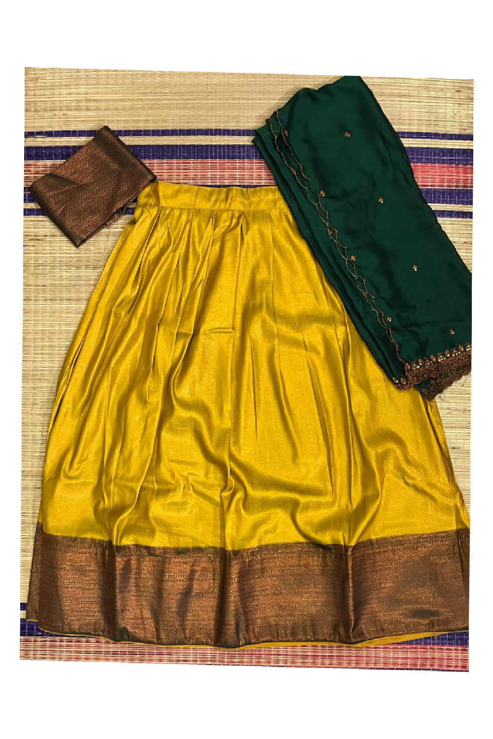 Semi Stitched Premium Semi SIlk Golden Yellow Dhavani Set with Green Neriyathu and Blouse Piece