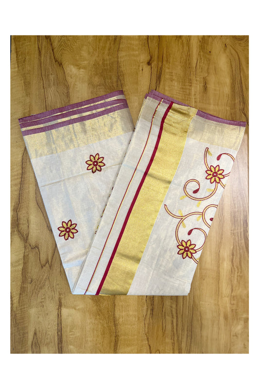 Kerala Tissue Kasavu Saree With Maroon and Golden Floral Embroidery Works