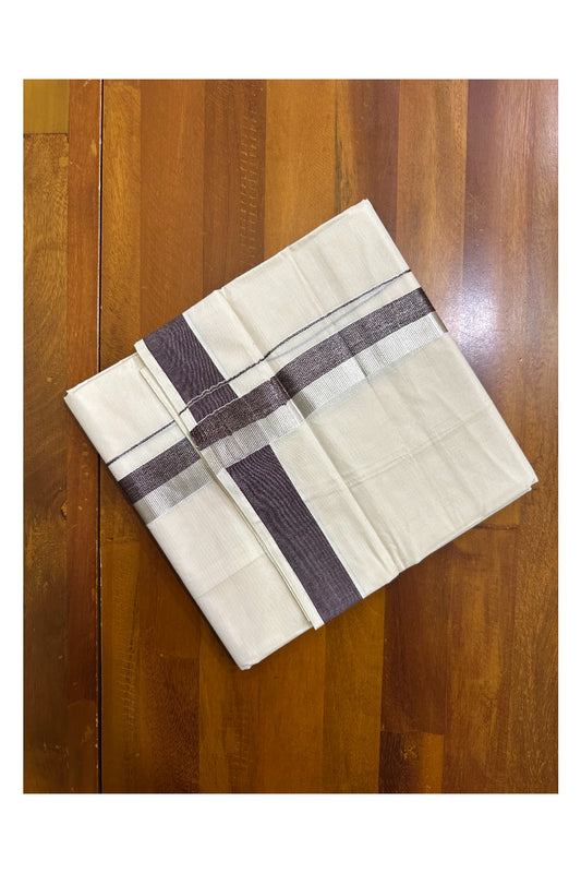 Kerala Pure Cotton Off White Double Mundu with Silver Kasavu And Brown Kara (South Indian Kerala Dhoti)