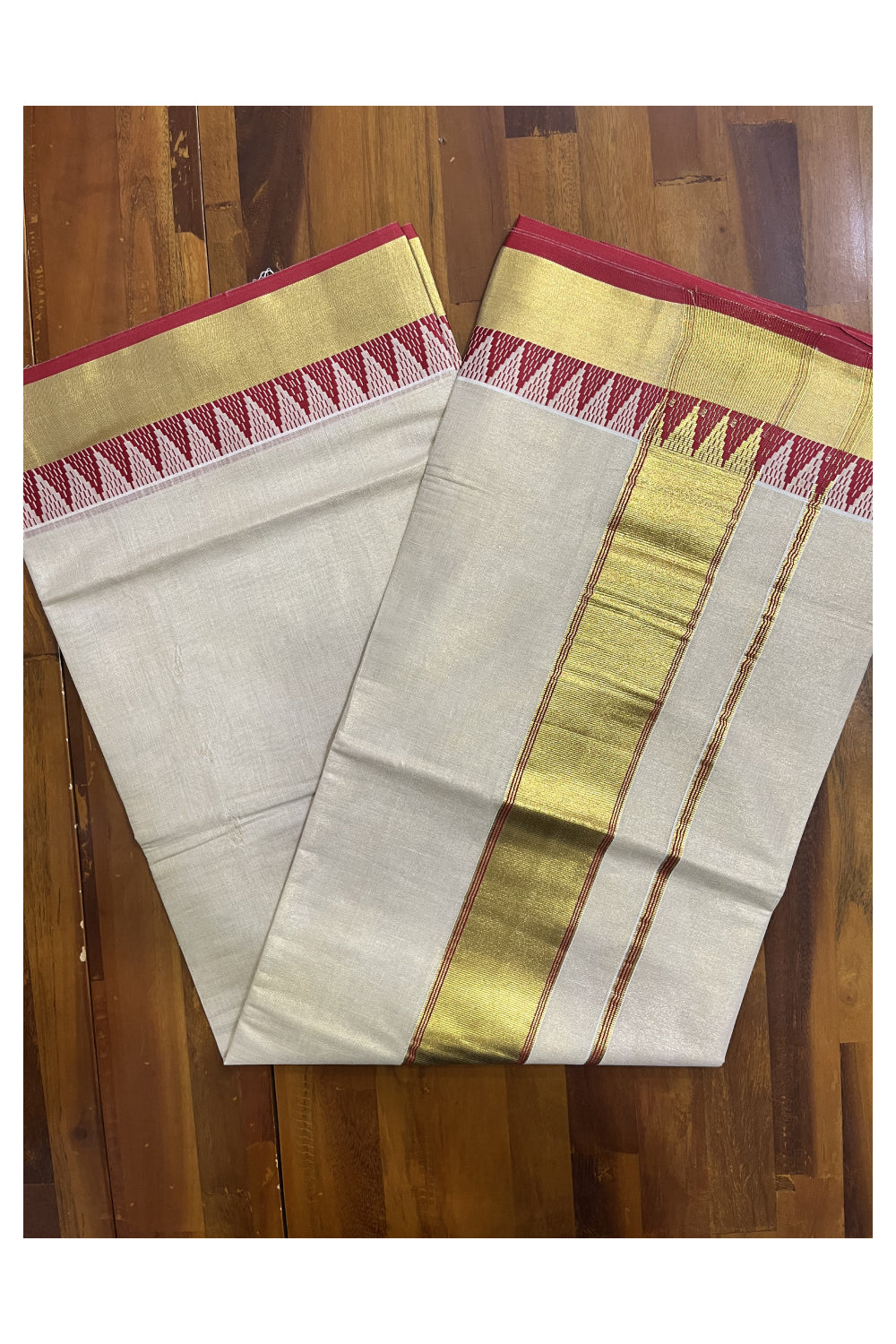 Kerala Tissue Saree with Kasavu and Red Temple Woven Designs on Border (Vishu 2024 Collection)