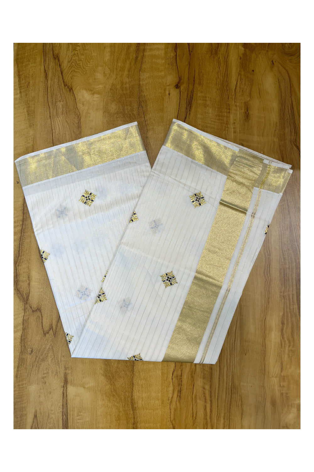 Kerala Cotton Kasavu  Lines Saree with Blue and Golden Embroidery Work