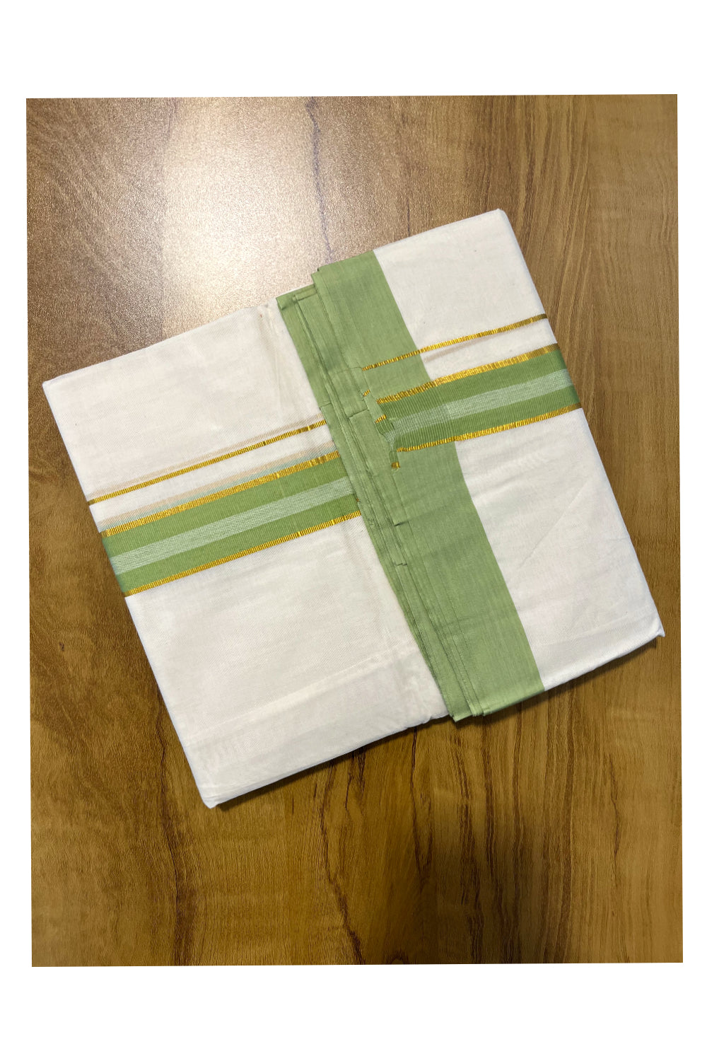 Pure Cotton Off White Double Mundu with Kasavu and Green Kara (South Indian Kerala Dhoti)