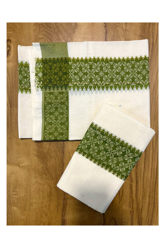 Kerala Cotton Single Set Mundu (Mundum Neriyathum) with Green Block printed Border 2.80 mtr