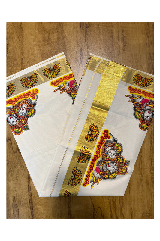 Pure Cotton Kerala Kasavu Saree with Krishna Radha Mural Printed Art Design and Printed Border