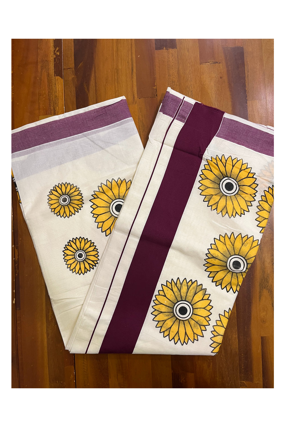 Kerala Pure Cotton Saree with Sunflower Prints on Body and Purple Border