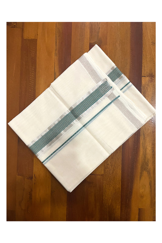 Southloom Premium Handloom Cotton Double Mundu with Silver Kasavu and Green Woven Border (South Indian Kerala Dhoti)