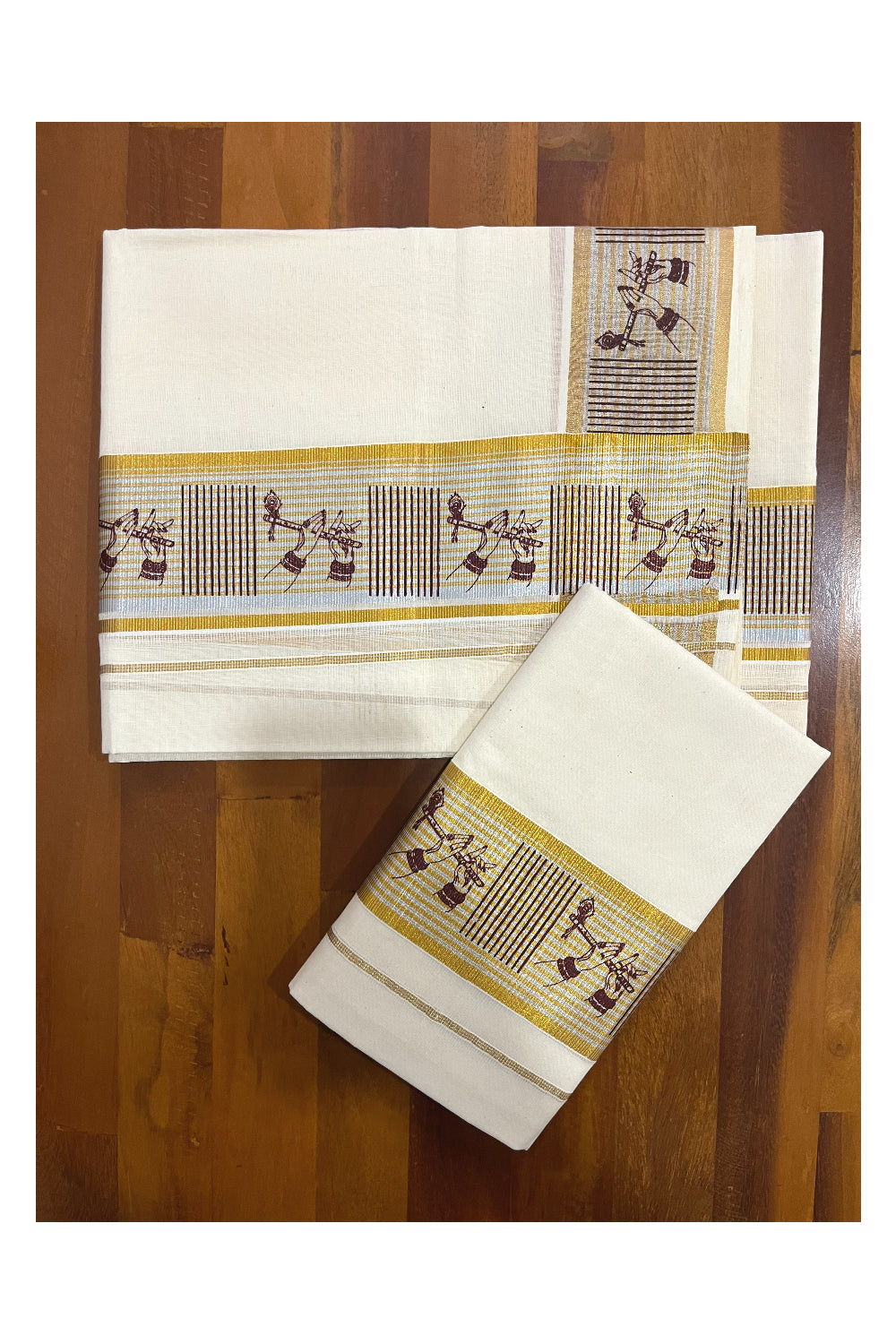 Southloom Pure Cotton Kerala Single Set Mundu with Brown Block Prints on Kasavu Border (Onam Set Mundu 2023)