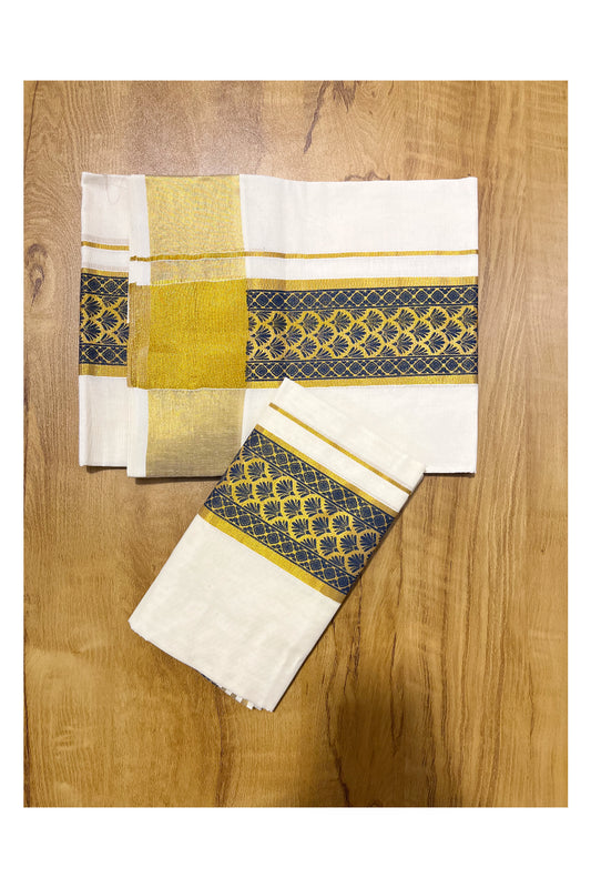 Kerala Pure Cotton Set Mundu Single (Mundum Neriyathum) with Blue Block Prints on Kasavu Border 2.80Mtrs