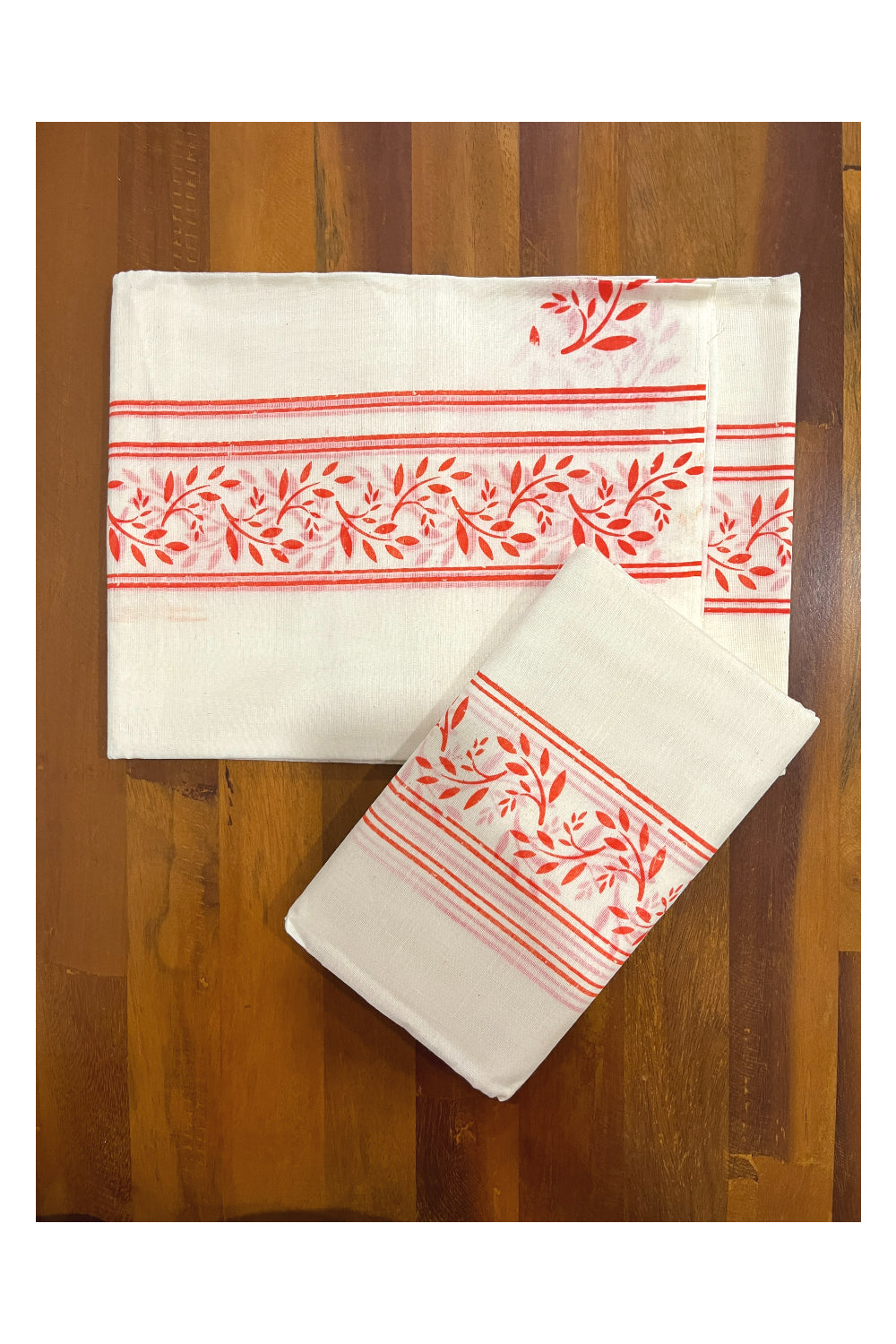 Pure Cotton Kerala Single Set Mundu (Mundum Neriyathum) with Orange Block Prints on Border