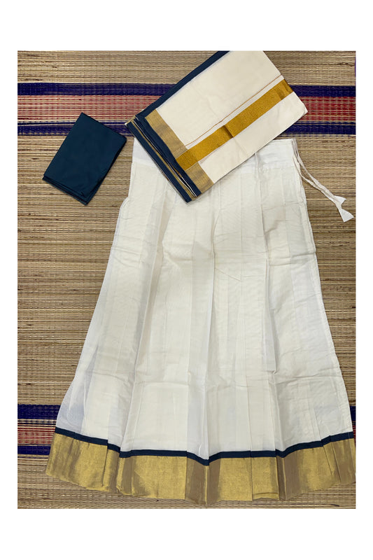 Southloom Semi Stitched Cotton Dhavani Set with Kasavu Border and Grey Blouse Piece