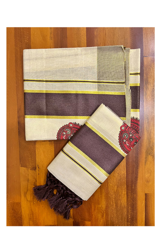 Kerala Tissue Single Set Mundu (Mundum Neriyathum) with Theyyam Block Prints and Brown Border (Vishu 2024 Collection)