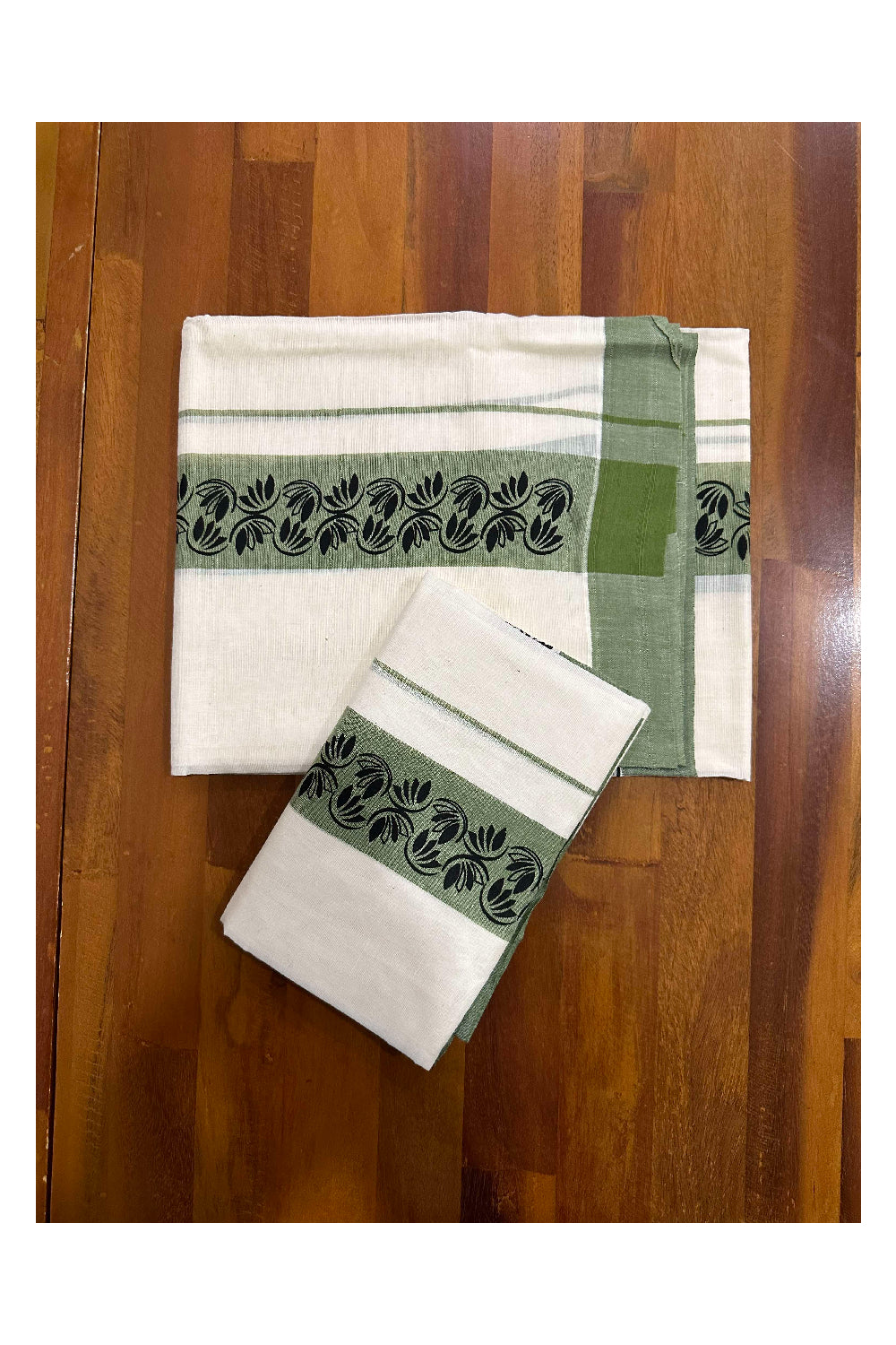 Kerala Cotton Single Set Mundu (Mundum Neriyathum) with Block Prints on Green Border (Onam set Mundu 2023)