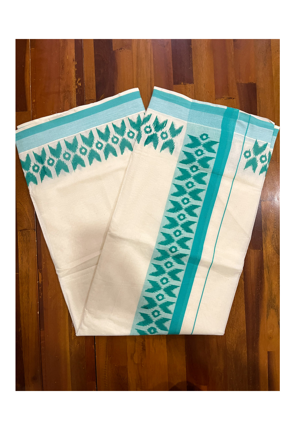 Pure Cotton Kerala Saree with Turquoise Block Printed Border