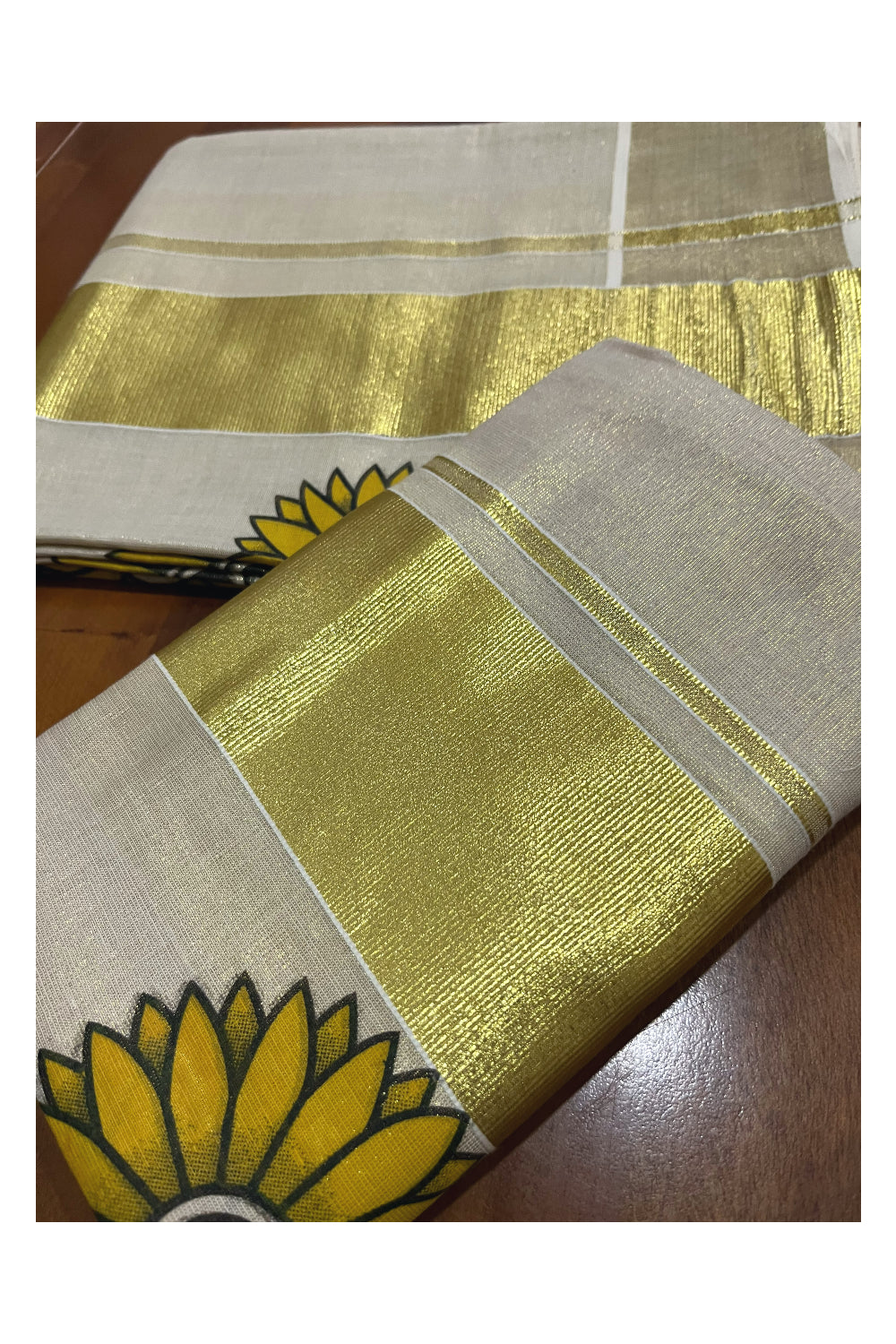 Kerala Tissue Kasavu Set Mundu (Mundum Neriyathum) with Sunflower Mural Printed Design 2.80 Mtrs (Onam Set Mundu 2023)