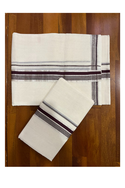Pure Cotton Handloom Premium Kasavu Set Mundu (Mundum Neriyathum) with Brown and Silver Kasavu Border