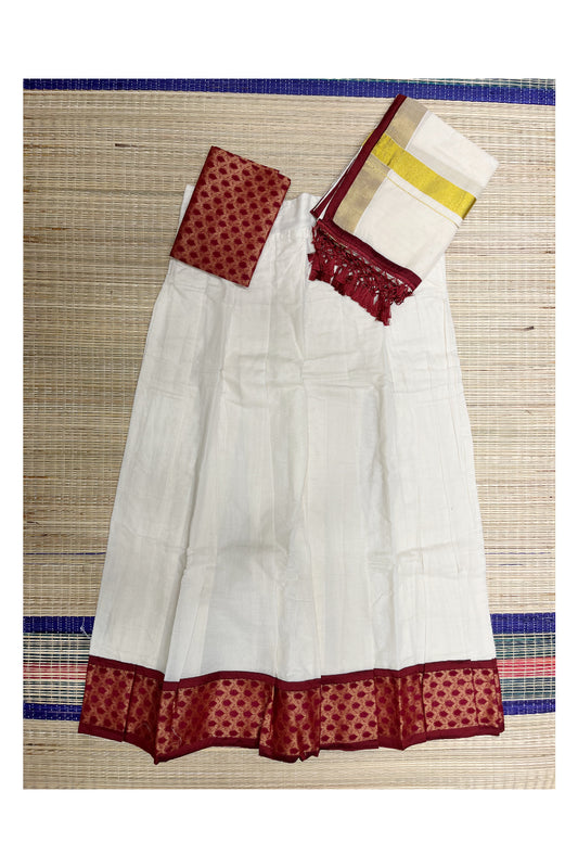 Southloom Semi Stitched Cotton Dhavani Set with Maroon Border and Blouse Piece