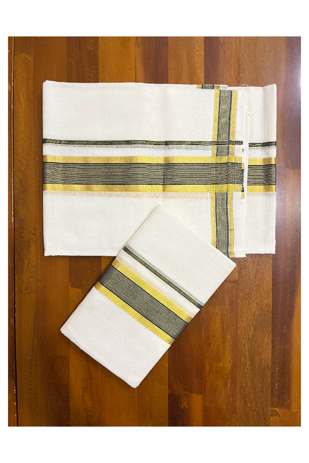 Southloom Premium Handloom Set Mundu with Kasavu and Green Border (Vishu 2024 Collection)