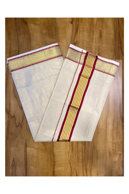 Kerala Tissue Kasavu Saree With Maroon Temple Woven Works on Border