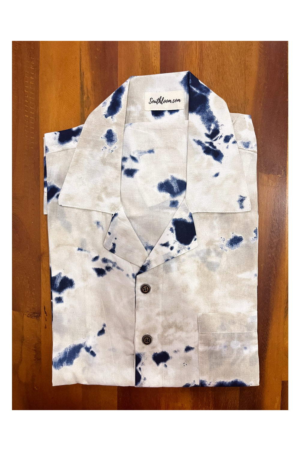 Southloom Jaipur Cotton White Blue Hand Block Printed Cuban Collar Shirt (Half Sleeves)