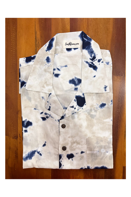 Southloom Jaipur Cotton White Blue Hand Block Printed Cuban Collar Shirt (Half Sleeves)