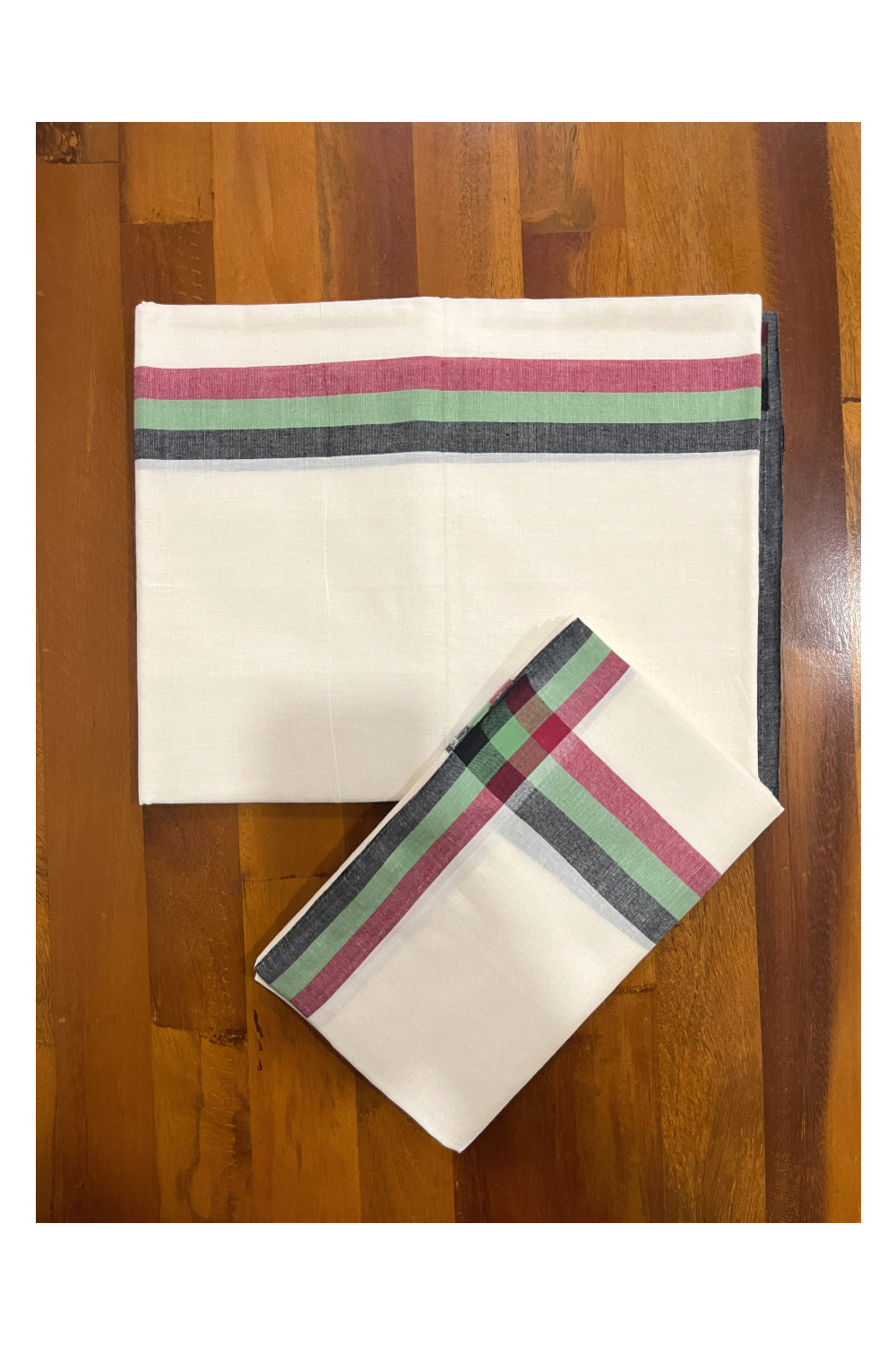 Kerala Cotton Mulloth Single Set Mundu (Mundum Neriyathum) with Maroon Green and Black Border (Extra Soft Cotton) 2.75 Mtrs