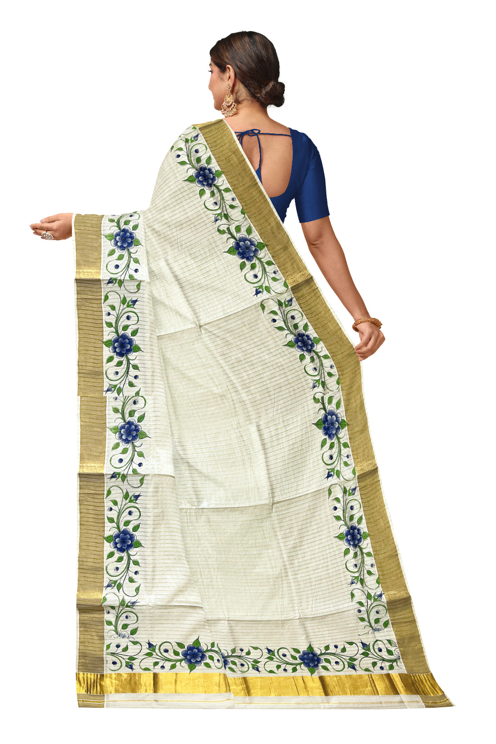 Pure Cotton Kerala Kasavu Lines Design and Blue Floral Block Printed Saree