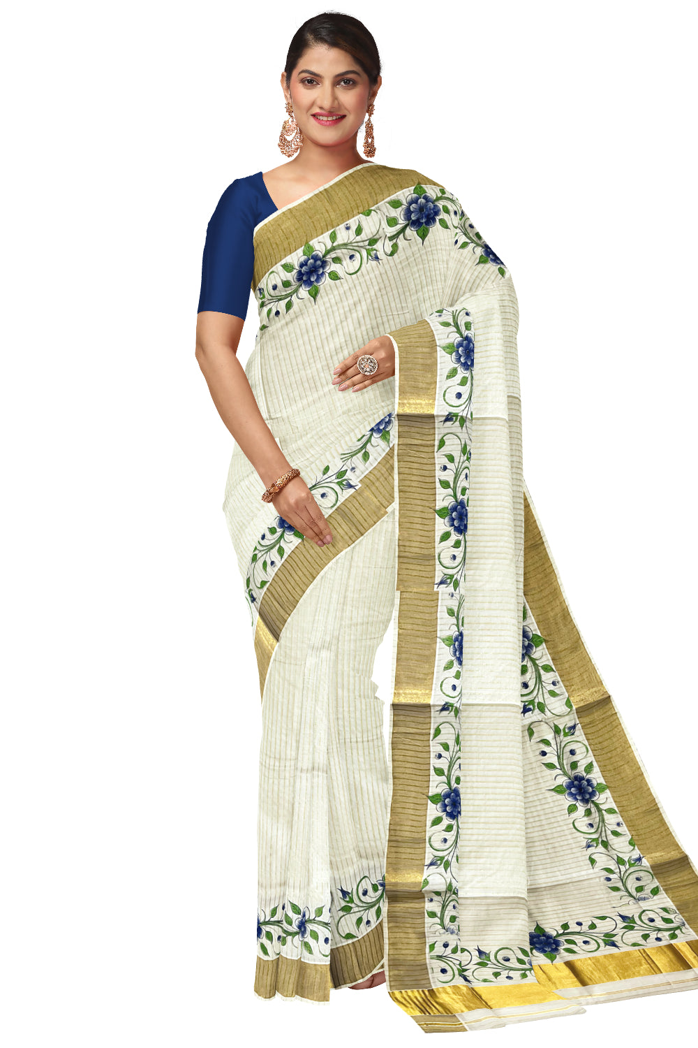 Pure Cotton Kerala Kasavu Lines Design and Blue Floral Block Printed Saree